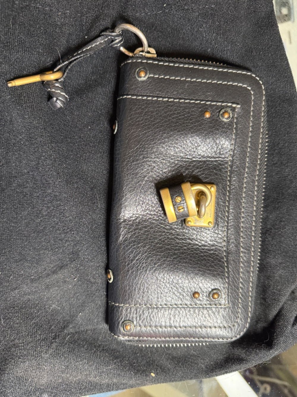 Chloe Paddington Black Leather Zip Wallet with Brass Hardware